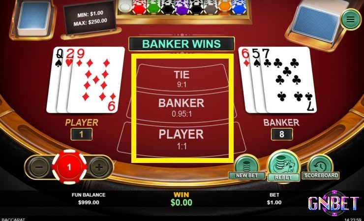 Người chơi có thể chọn một trong 3 cửa cược khi đánh bài baccarat 