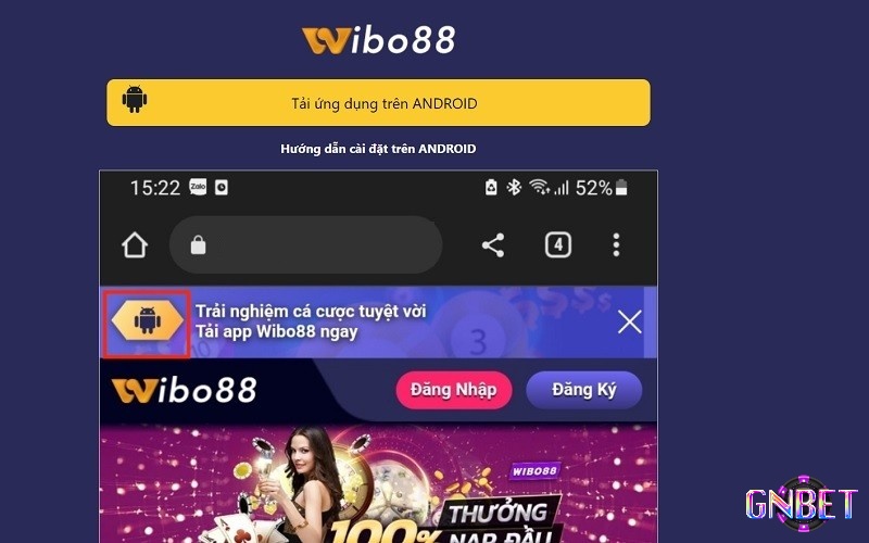 Lựa chọn tải app Wibo88 cho Android ngay bên trái giao diện web cược